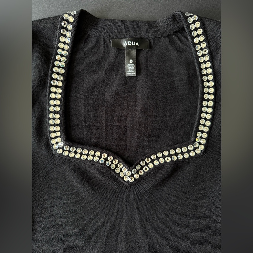 Aqua Black Ribbed Bodysuit Women’s Small | Rhinestone Neckline - Picture 2 of 9